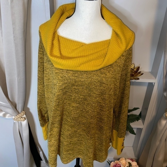 New York Laundry GUC XL Cowl Neck Button Detail Darker Mustard Yellow Sweater - Picture 2 of 14